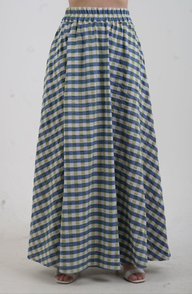 Haki Kare Desen Beli Lastikli İthal Etek