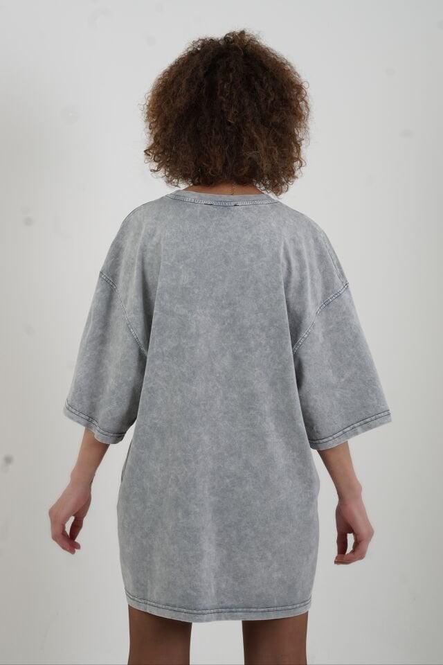 Gri Wifi Baskılı Soluk Efektli Oversize Tshirt