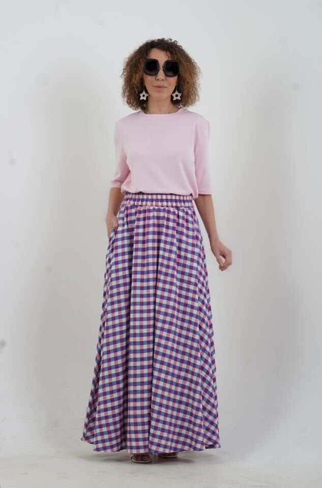 Fuşya Kare Desen Beli Lastikli İthal Etek