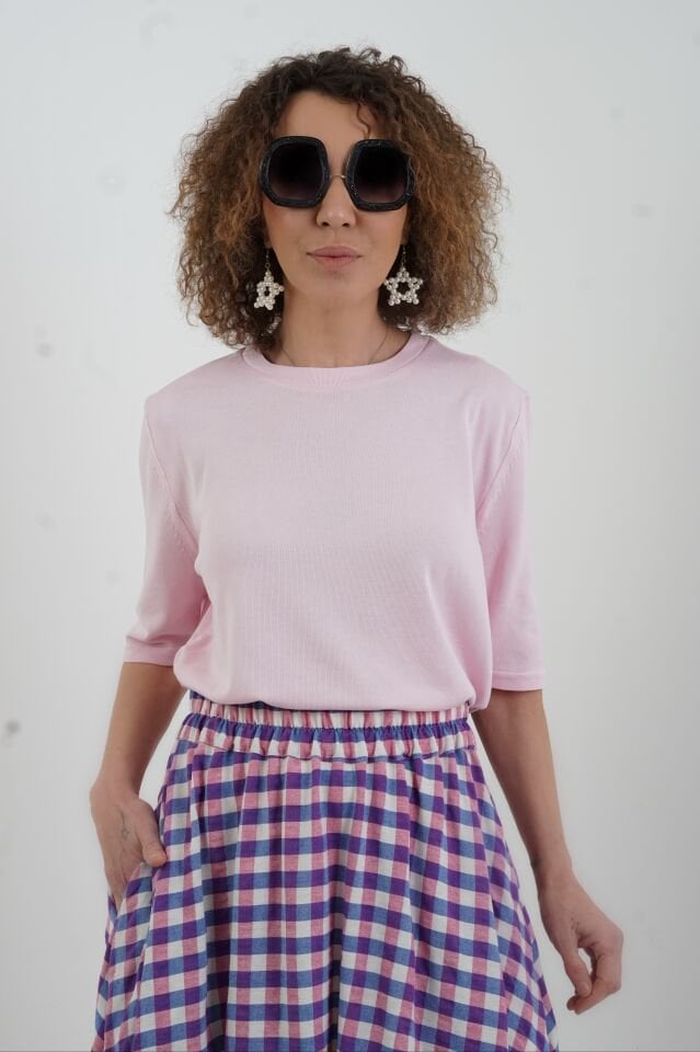 Fuşya Kare Desen Beli Lastikli İthal Etek