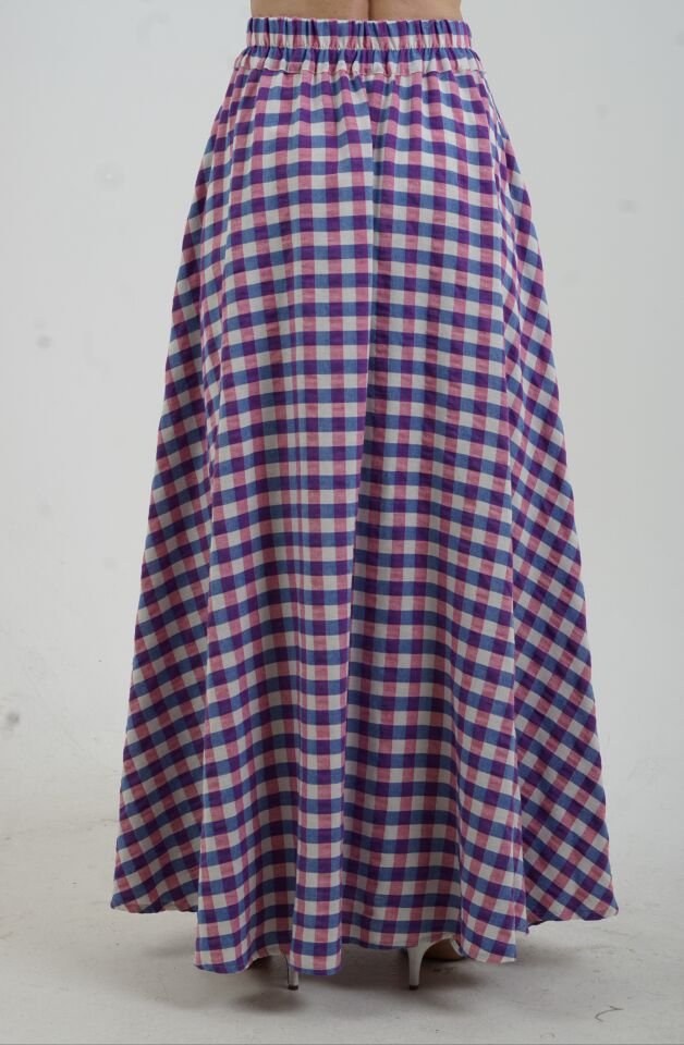 Fuşya Kare Desen Beli Lastikli İthal Etek