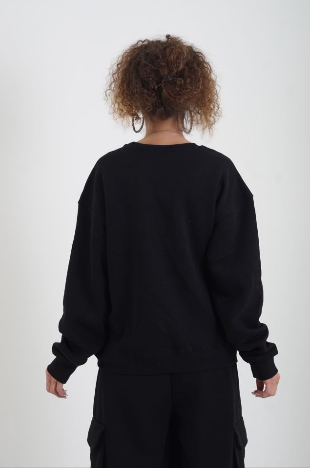 Siyah Wisconsin Baskılı Bisiklet Yaka Sweatshirt