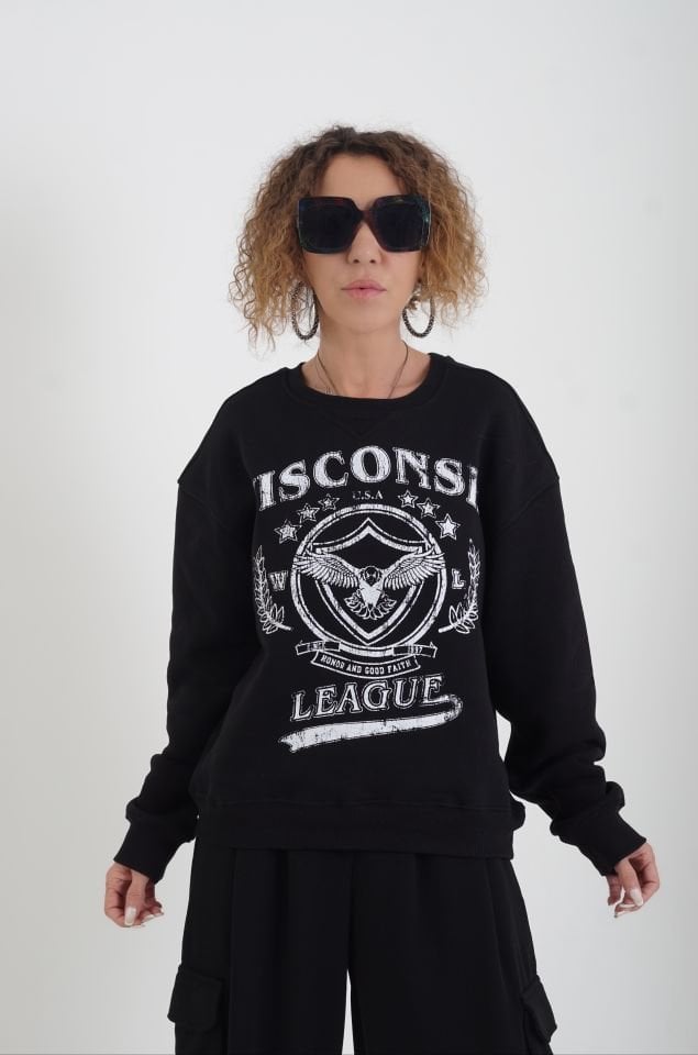 Siyah Wisconsin Baskılı Bisiklet Yaka Sweatshirt