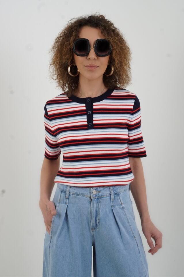 Lacivert Kırmızı Çizgili Bisiklet Yaka Düğmeli Kazak