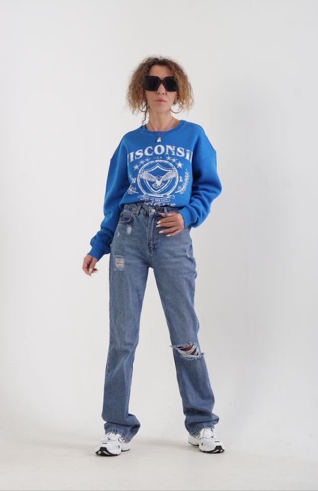 Saks Wisconsin Baskılı Bisiklet Yaka Sweatshirt
