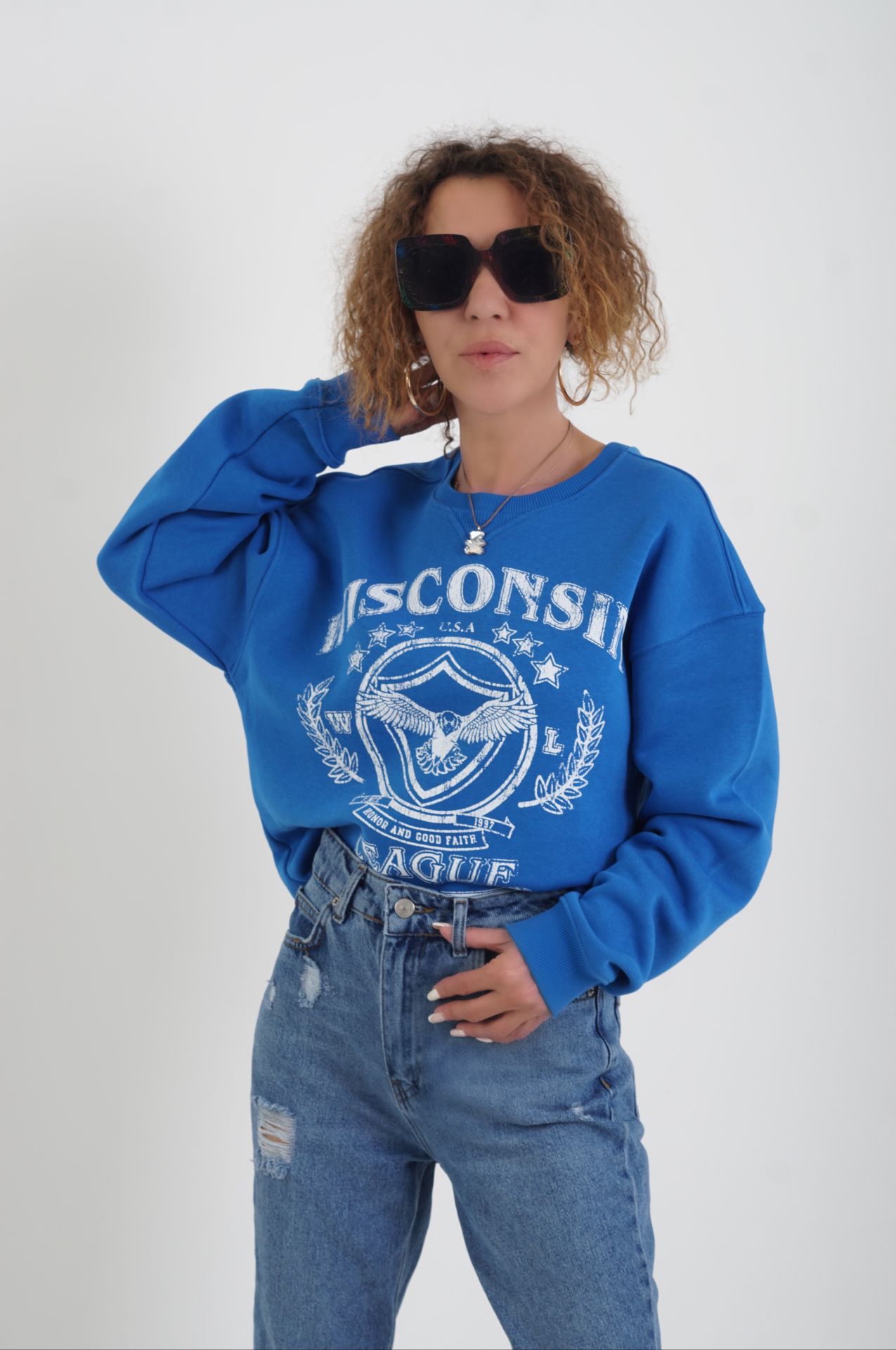 Saks Wisconsin Baskılı Bisiklet Yaka Sweatshirt