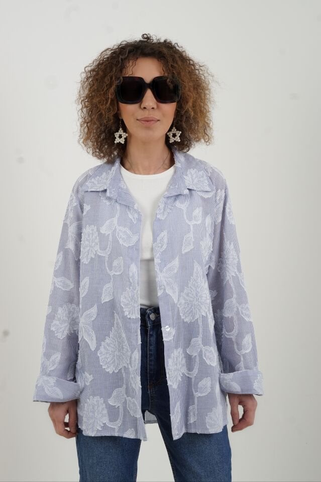 Mavi Çizgili Devore İthal Gömlek