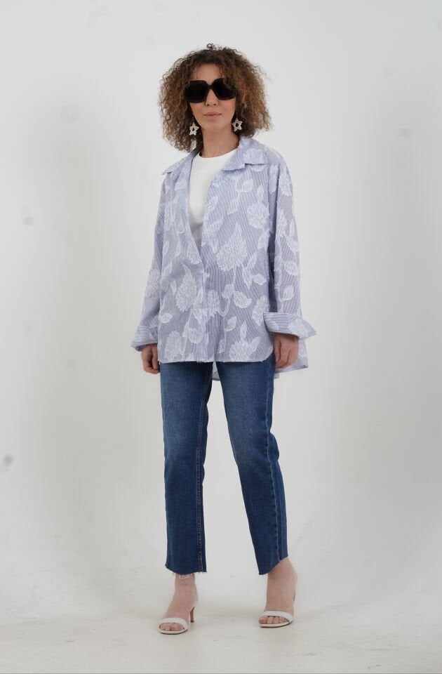 Mavi Çizgili Devore İthal Gömlek