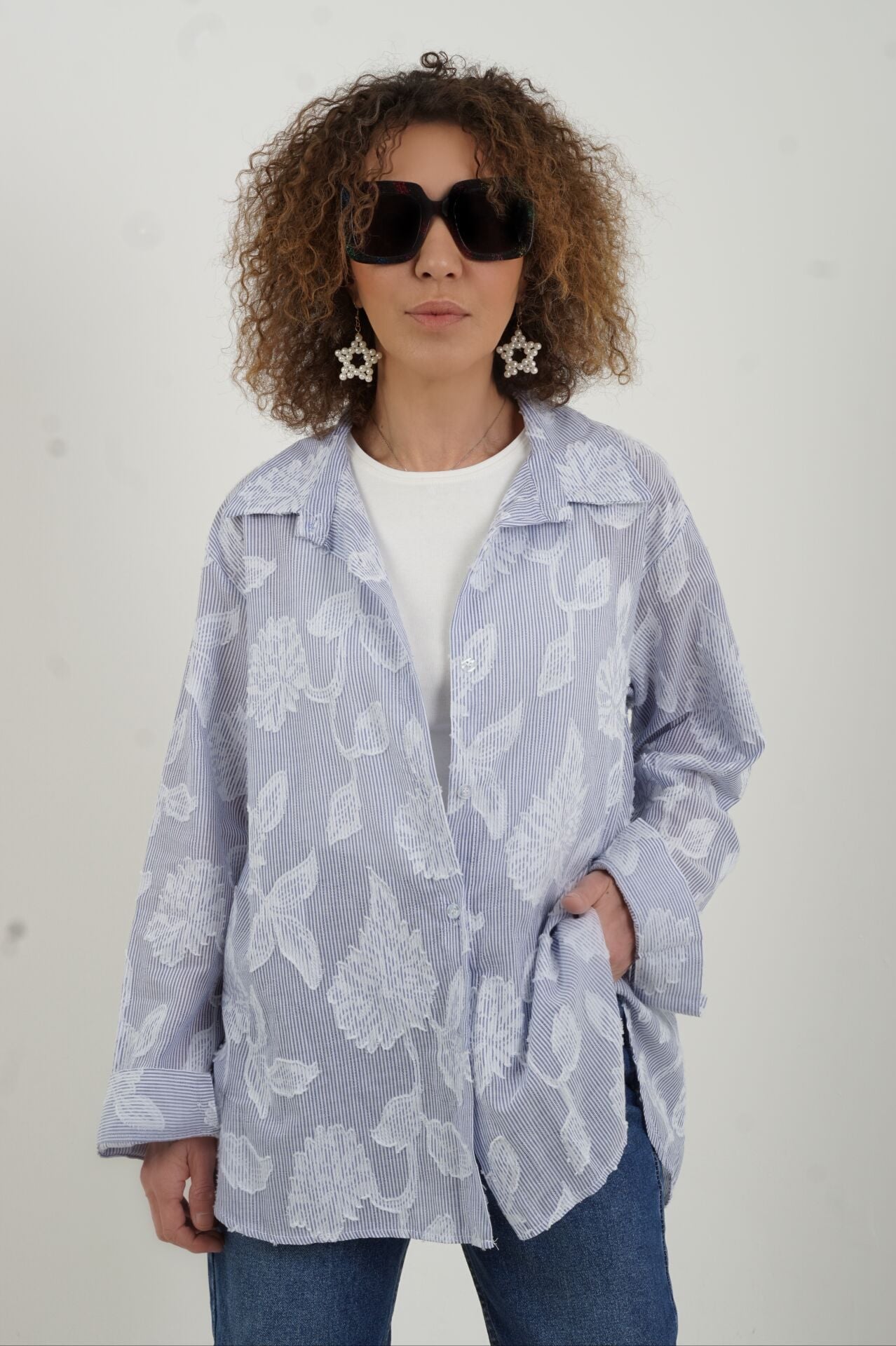 Mavi Çizgili Devore İthal Gömlek