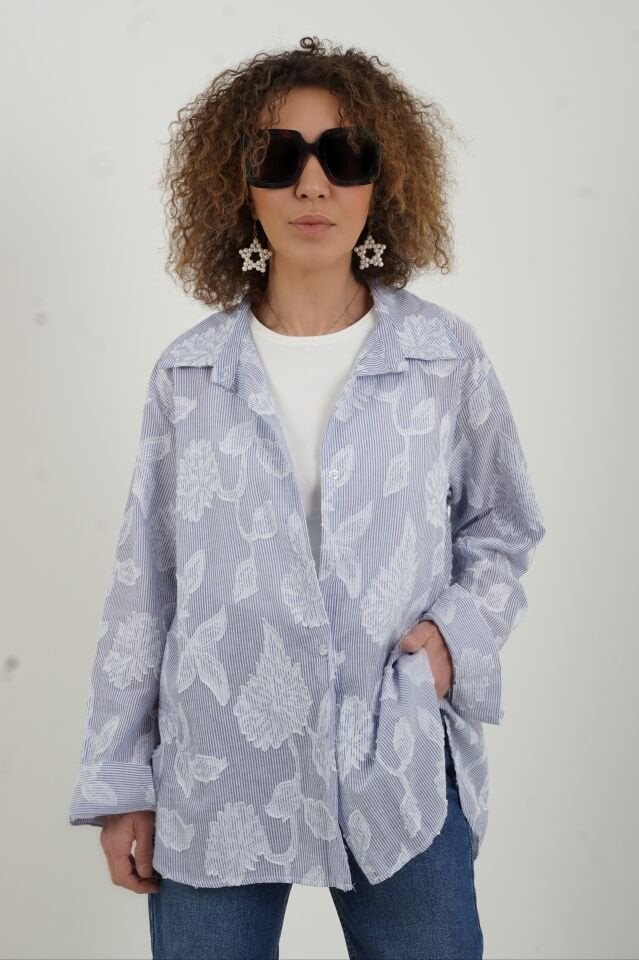 Mavi Çizgili Devore İthal Gömlek