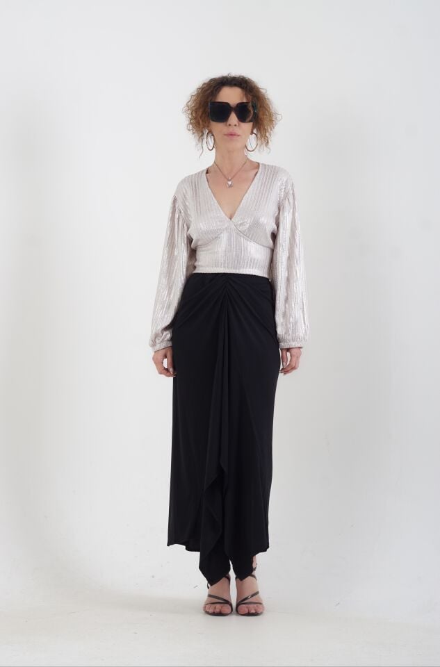 Taş Geniş Kol Arkadan Bağlamalı Işıltılı Crop Bluz