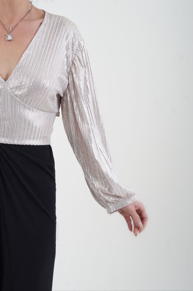 Taş Geniş Kol Arkadan Bağlamalı Işıltılı Crop Bluz