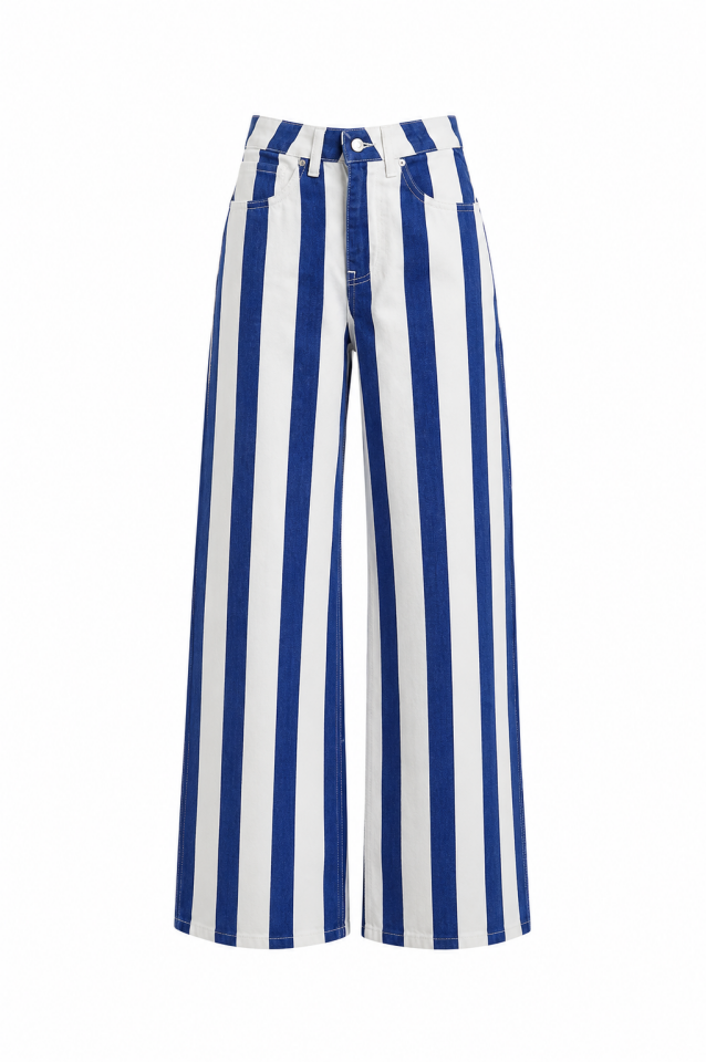Mavi Çizgili Palazzo Denim Pantolon