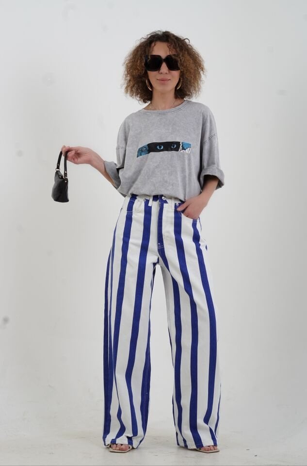 Mavi Çizgili Palazzo Denim Pantolon