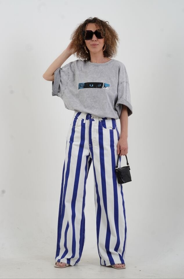 Mavi Çizgili Palazzo Denim Pantolon