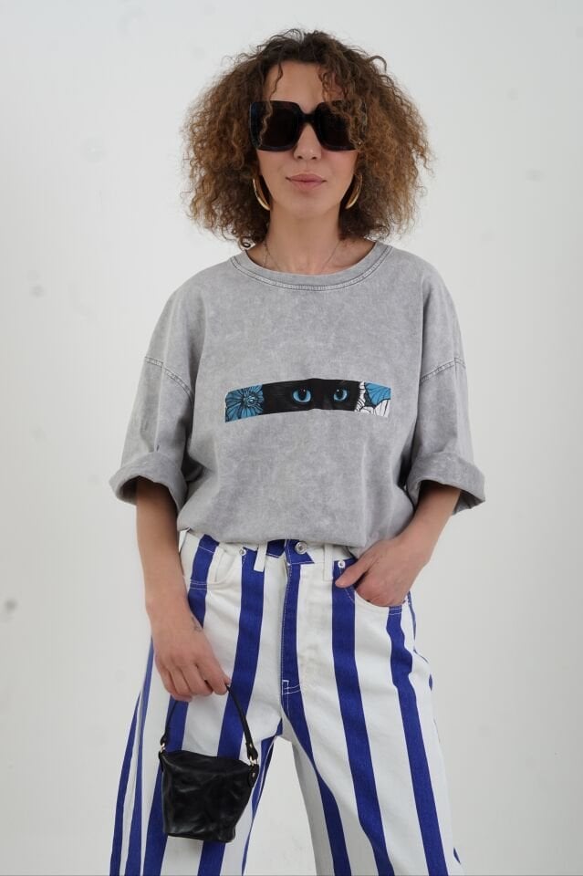 Mavi Çizgili Palazzo Denim Pantolon