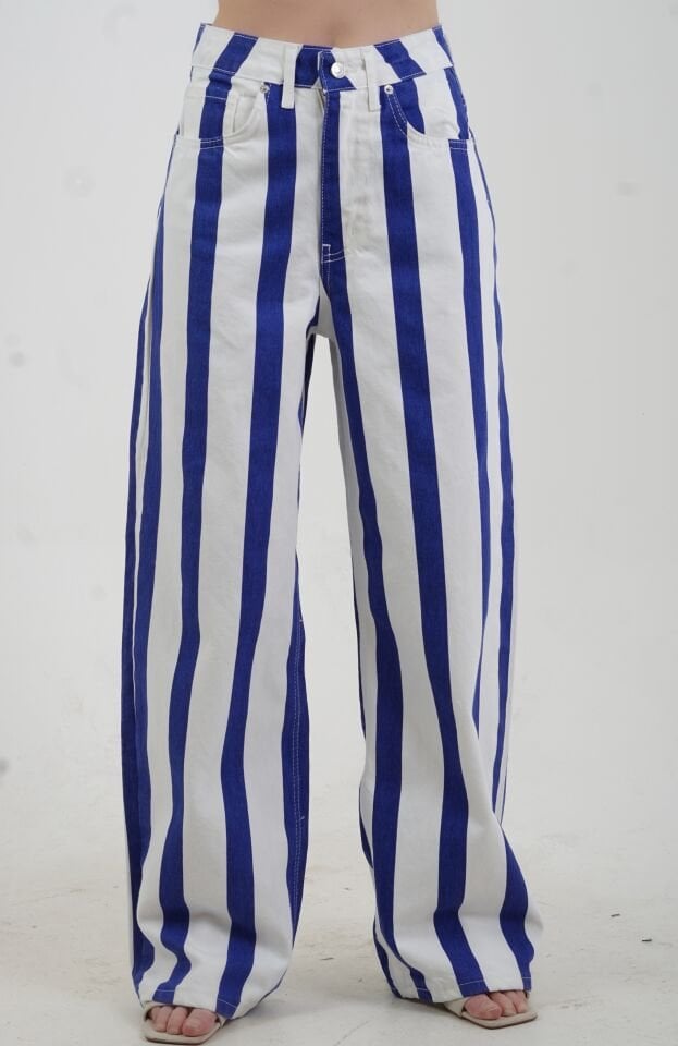 Mavi Çizgili Palazzo Denim Pantolon