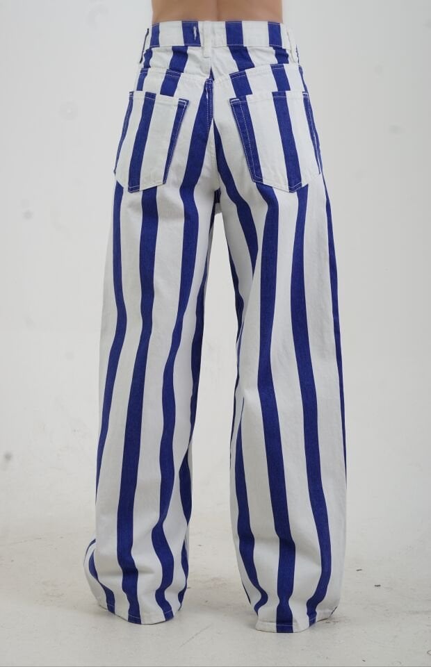 Mavi Çizgili Palazzo Denim Pantolon
