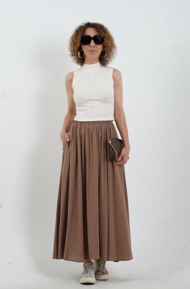 Krem Parlak Taşlı Croptop