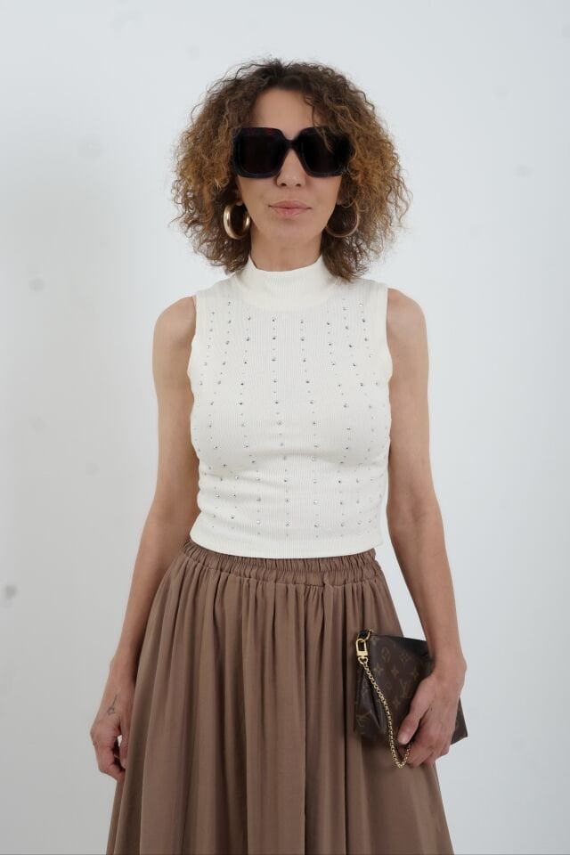 Krem Parlak Taşlı Croptop