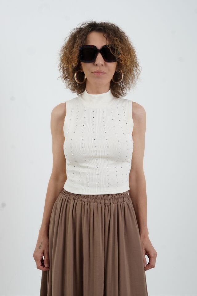 Krem Parlak Taşlı Croptop