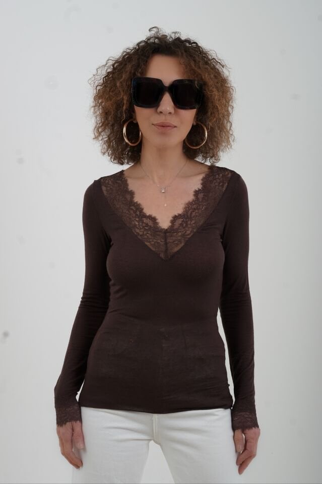 Kahve Dantelli Kaşmir Bluz