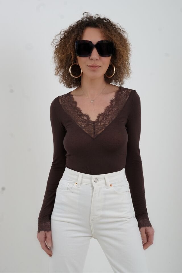 Kahve Dantelli Kaşmir Bluz