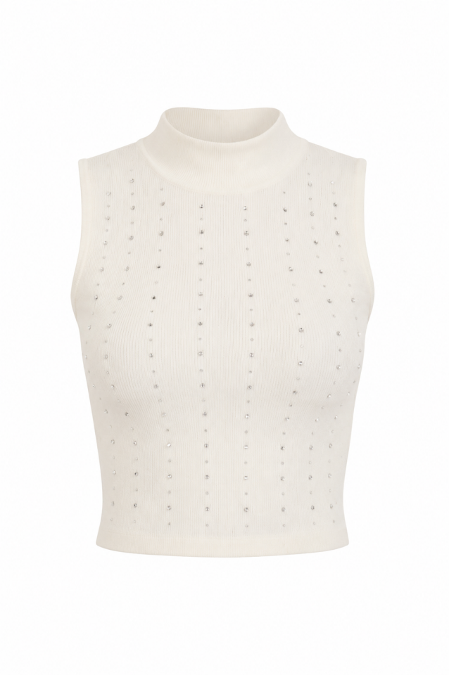 Krem Parlak Taşlı Croptop