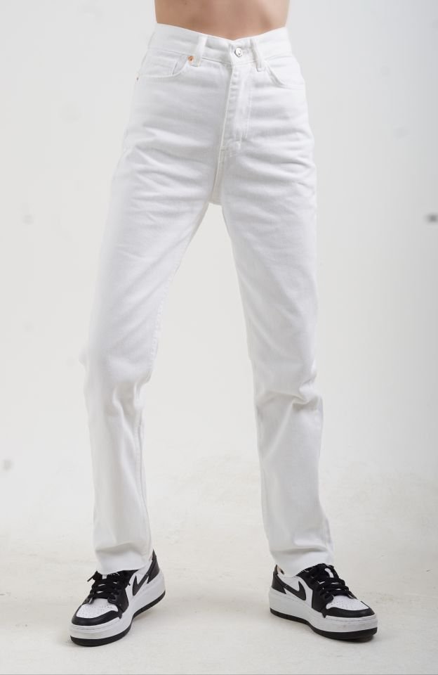 Ekru Paçası Dikişsiz Mom Fit Jean Pantolon