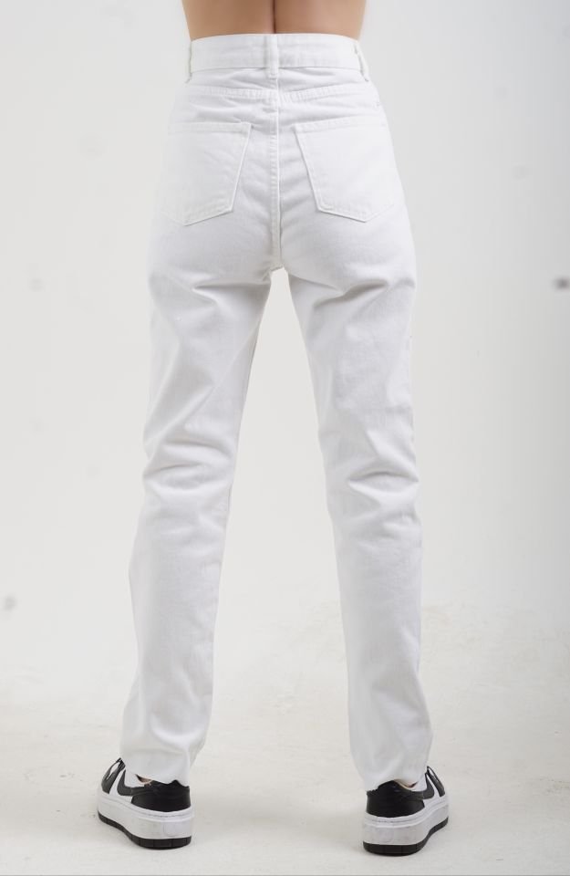 Ekru Paçası Dikişsiz Mom Fit Jean Pantolon