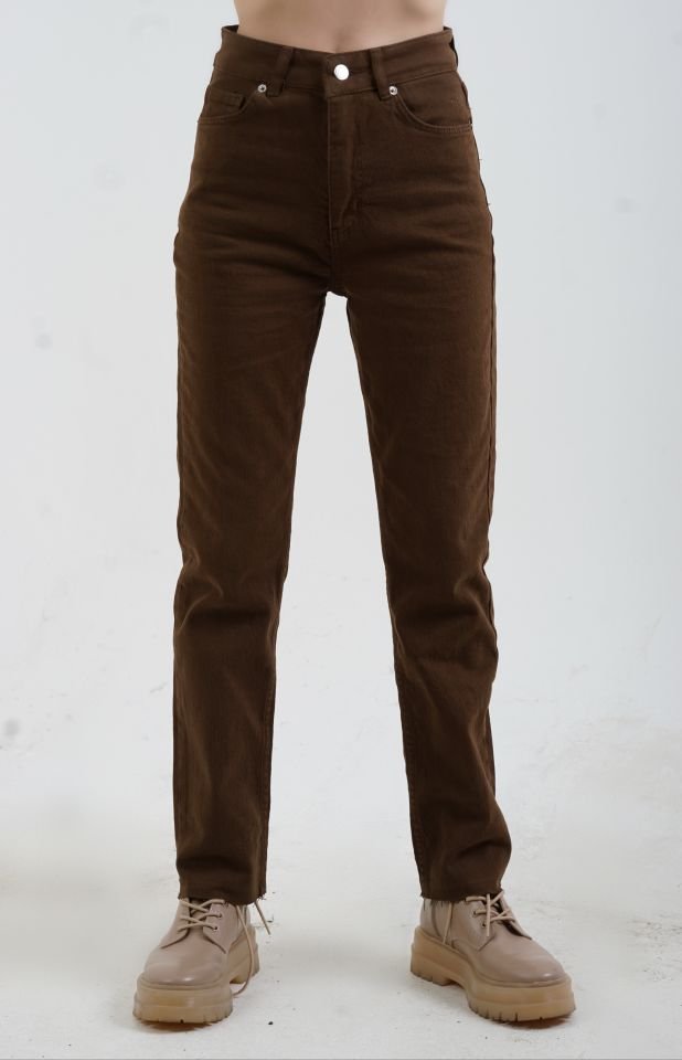 Kahve Paçası Dikişsiz Mom Fit Jean Pantolon