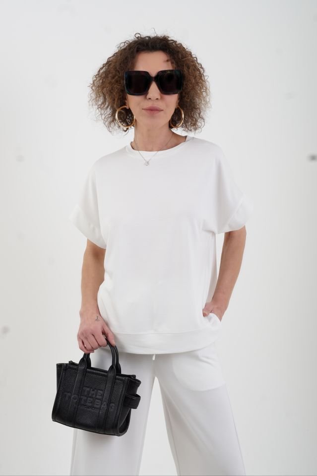 Ekru Modal Pike O Yaka Tshirt Pant Eşofman Takım