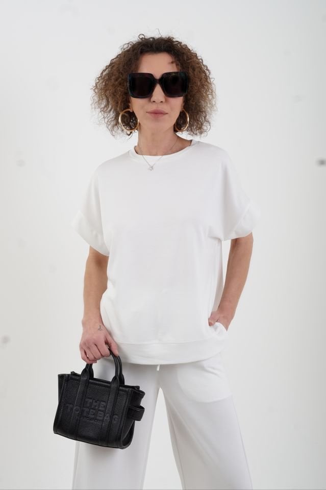 Ekru Modal Pike O Yaka Tshirt Pant Eşofman Takım