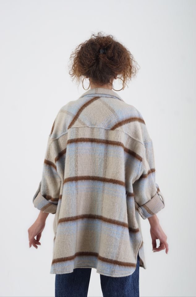 Mavi Ekose Oversize Kaşe Oduncu Gömlek