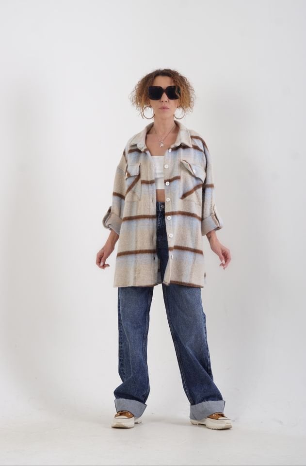 Mavi Ekose Oversize Kaşe Oduncu Gömlek