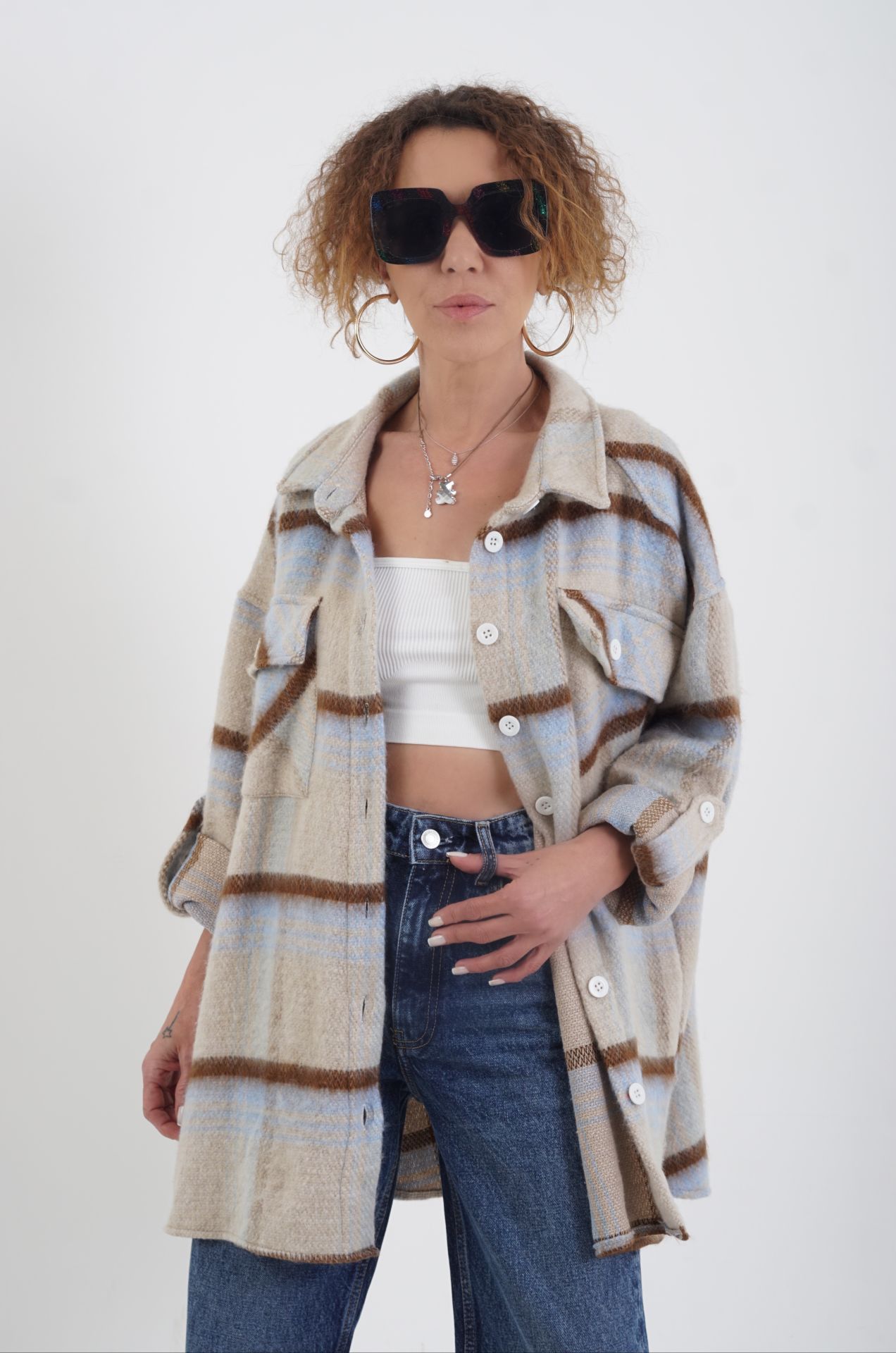 Mavi Ekose Oversize Kaşe Oduncu Gömlek