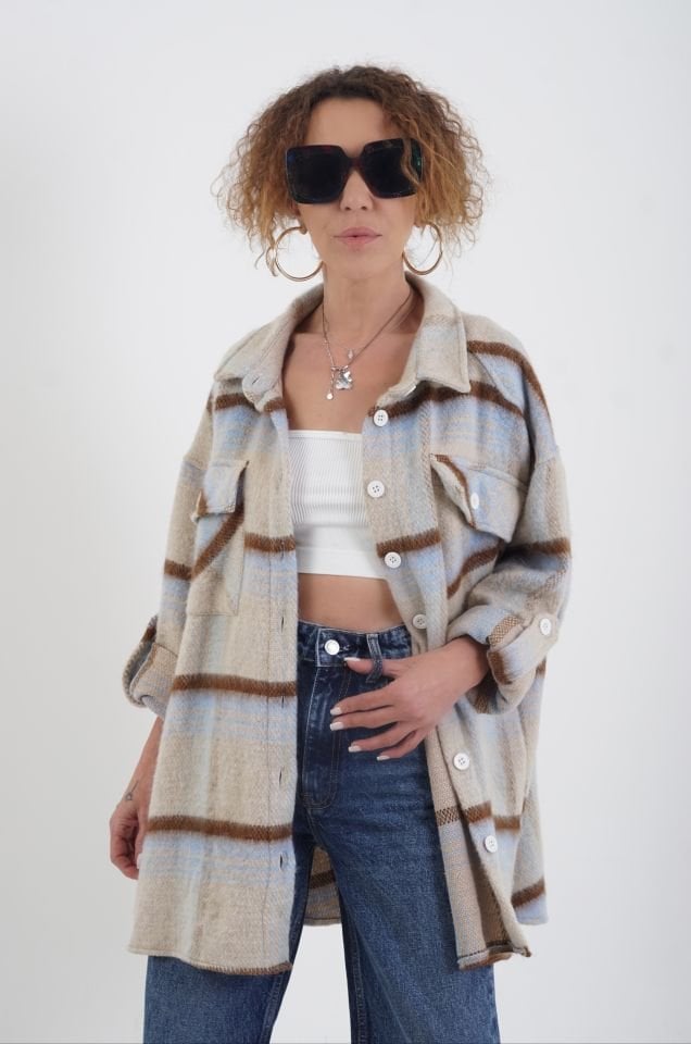 Mavi Ekose Oversize Kaşe Oduncu Gömlek