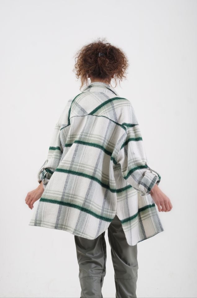 Zümrüt Yeşil Ekose Oversize Kaşe Oduncu Gömlek