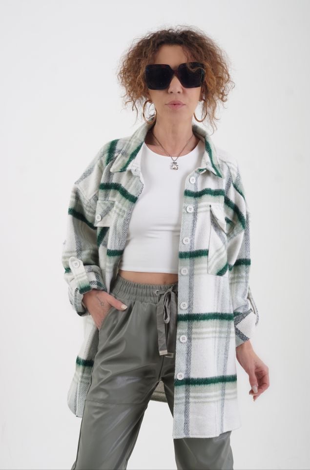 Zümrüt Yeşil Ekose Oversize Kaşe Oduncu Gömlek