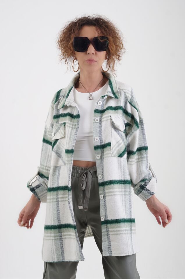 Zümrüt Yeşil Ekose Oversize Kaşe Oduncu Gömlek