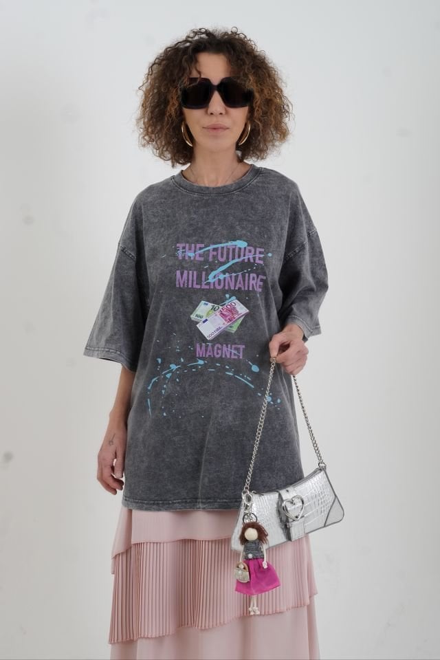 Antrasit Magnet Baskılı Soluk Efektli Oversize Tshirt