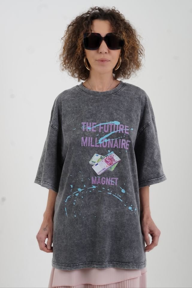 Antrasit Magnet Baskılı Soluk Efektli Oversize Tshirt