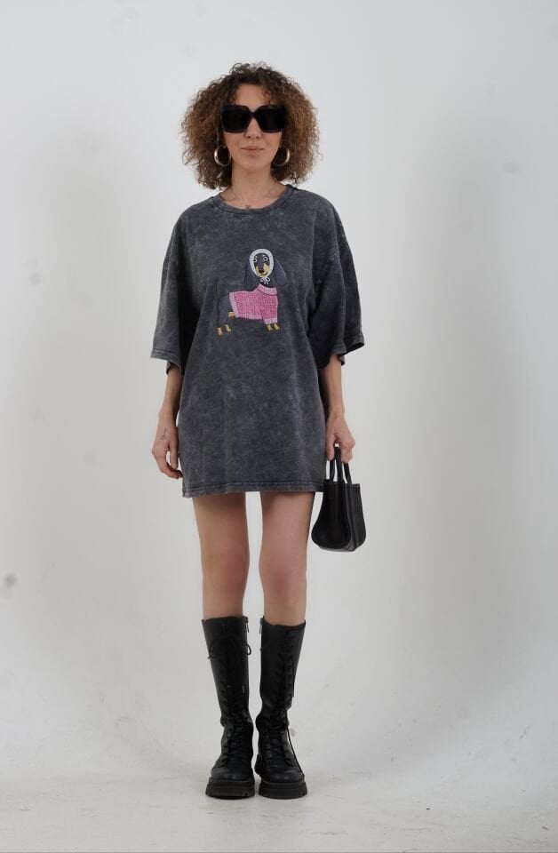 Antrasit Köpek Baskılı Soluk Efektli Oversize Tshirt
