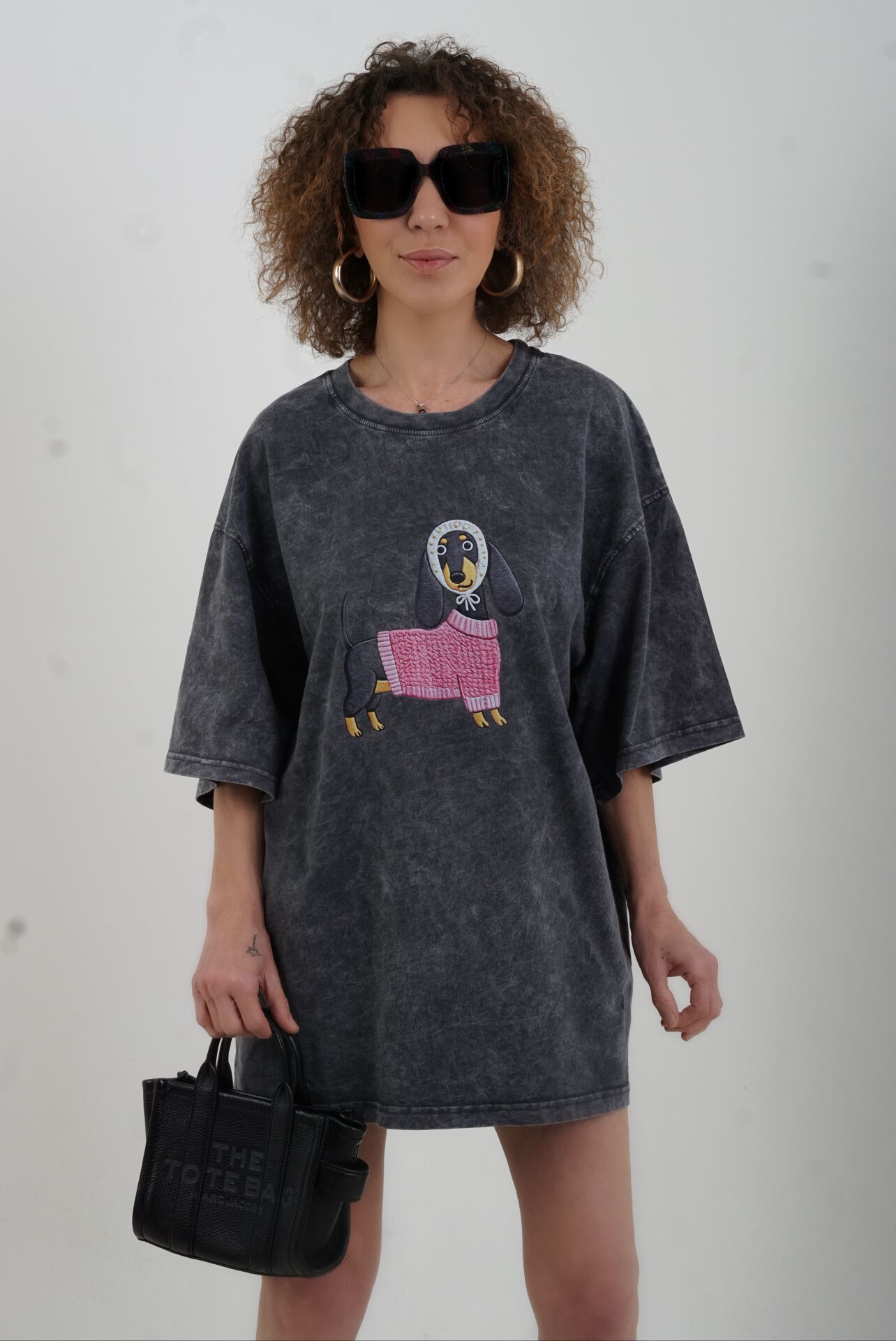 Antrasit Köpek Baskılı Soluk Efektli Oversize Tshirt