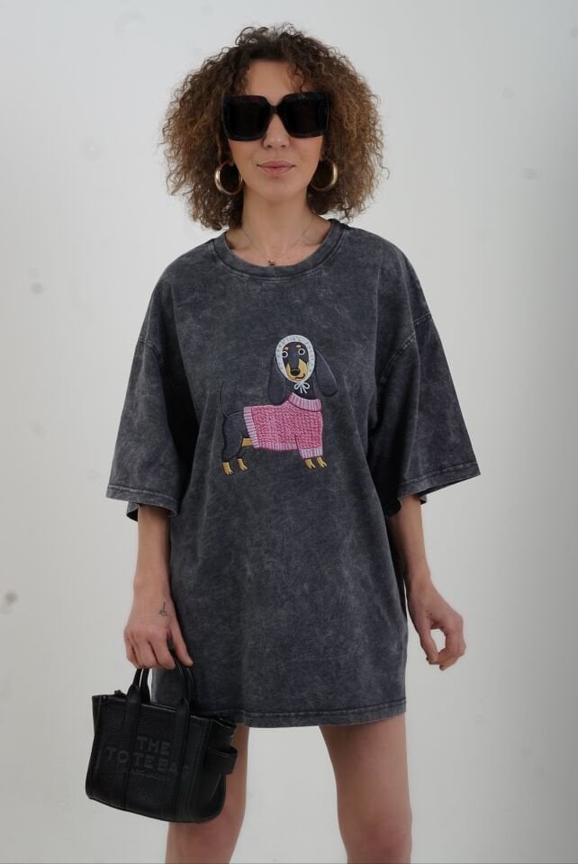 Antrasit Köpek Baskılı Soluk Efektli Oversize Tshirt