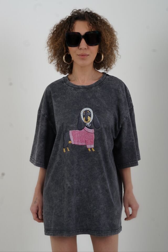 Antrasit Köpek Baskılı Soluk Efektli Oversize Tshirt