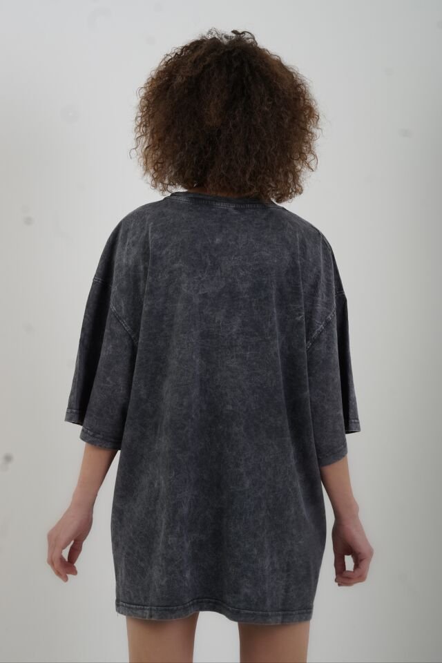 Antrasit Köpek Baskılı Soluk Efektli Oversize Tshirt