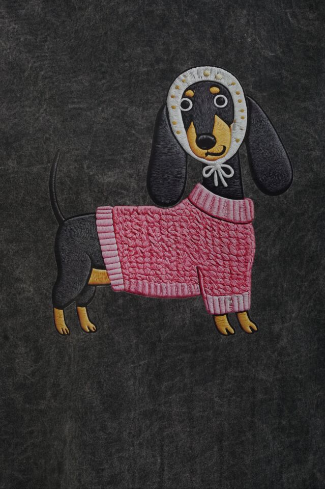 Antrasit Köpek Baskılı Soluk Efektli Oversize Tshirt