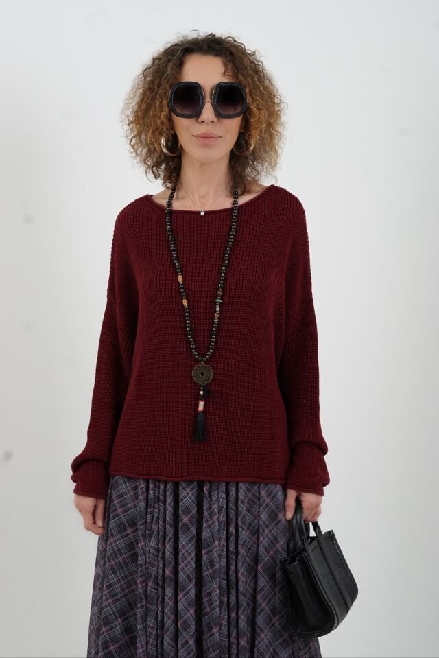 Bordo Kayık Yaka Basic Triko Kazak