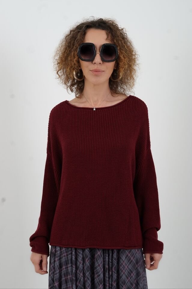 Bordo Kayık Yaka Basic Triko Kazak